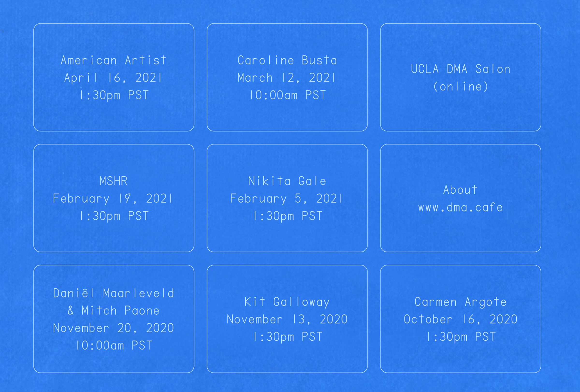 several large buttons with white, monospaced text on a calm blue background cyanotype (sun print)