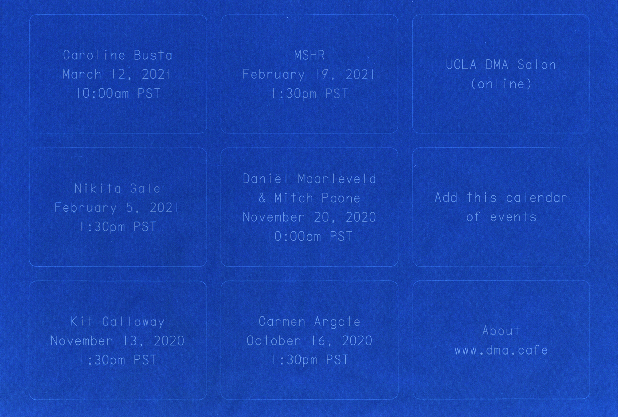 several large buttons with white, monospaced text on a calm blue background cyanotype (sun print)