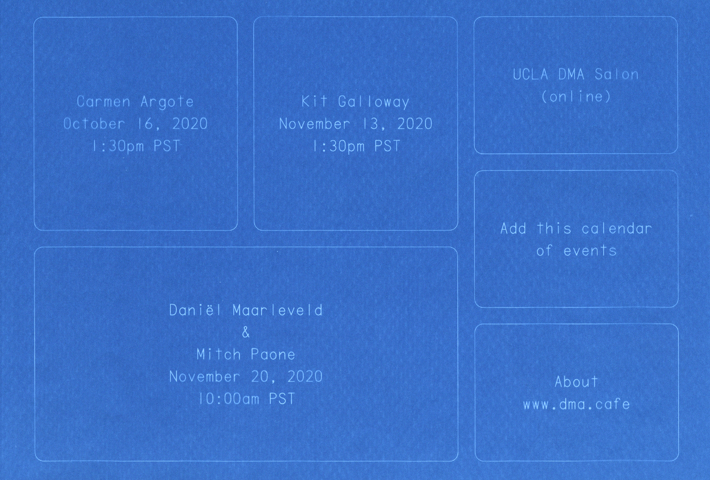 several large buttons with white, monospaced text on a calm blue background cyanotype (sun print)